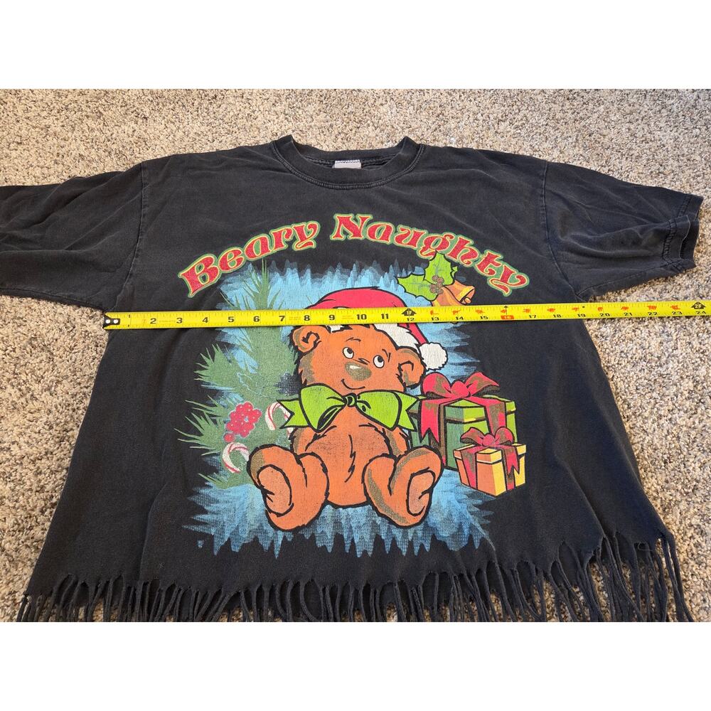 Vtg 90s Beary Naughty Christmas Fringed T-Shirt Black Boxy XL Crop Top Graphic - Picture 3 of 8